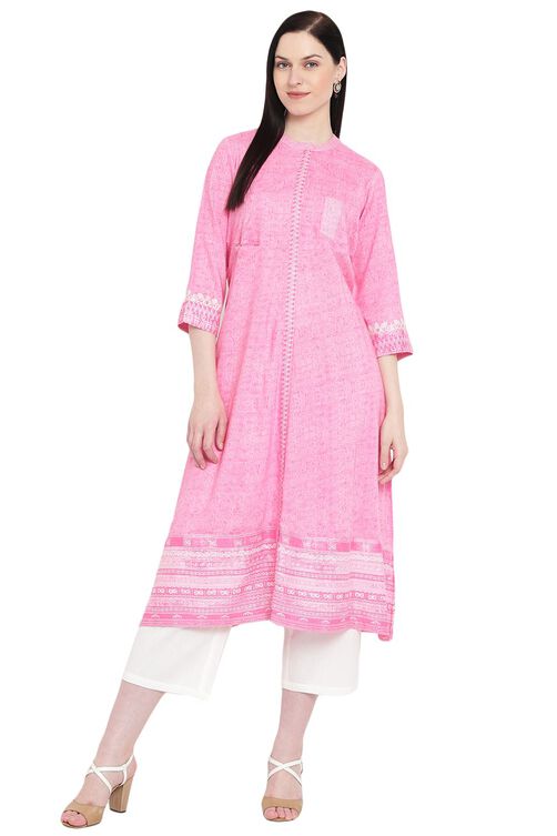 Pink Viscose A-Line Kurta image number 0
