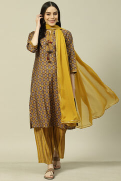 Yellow Cotton Blend Woven Straight Kurta Suit Set image number 0