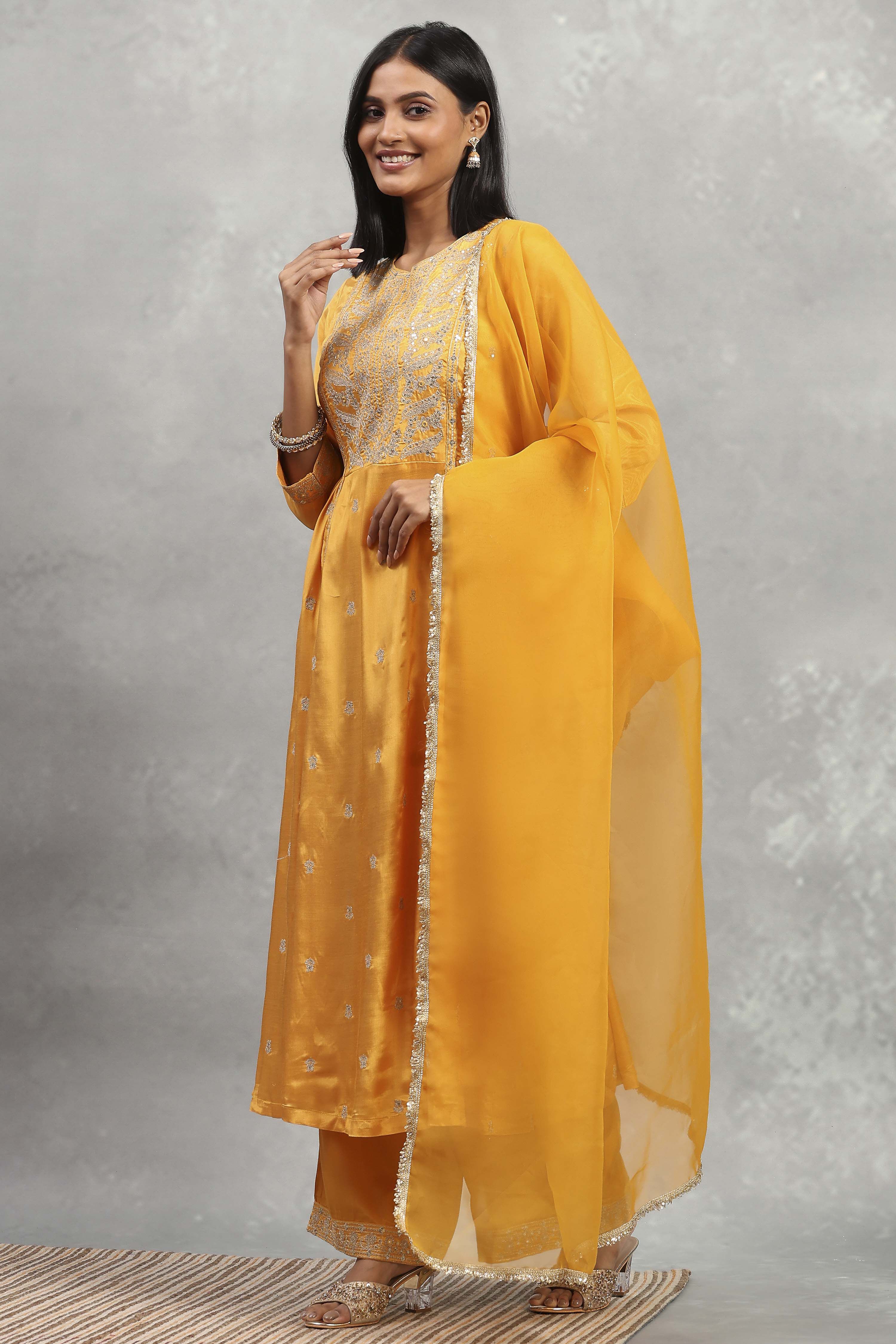 Yellow Viscose Rayon Embroidered Gathered Suit Set image number 3