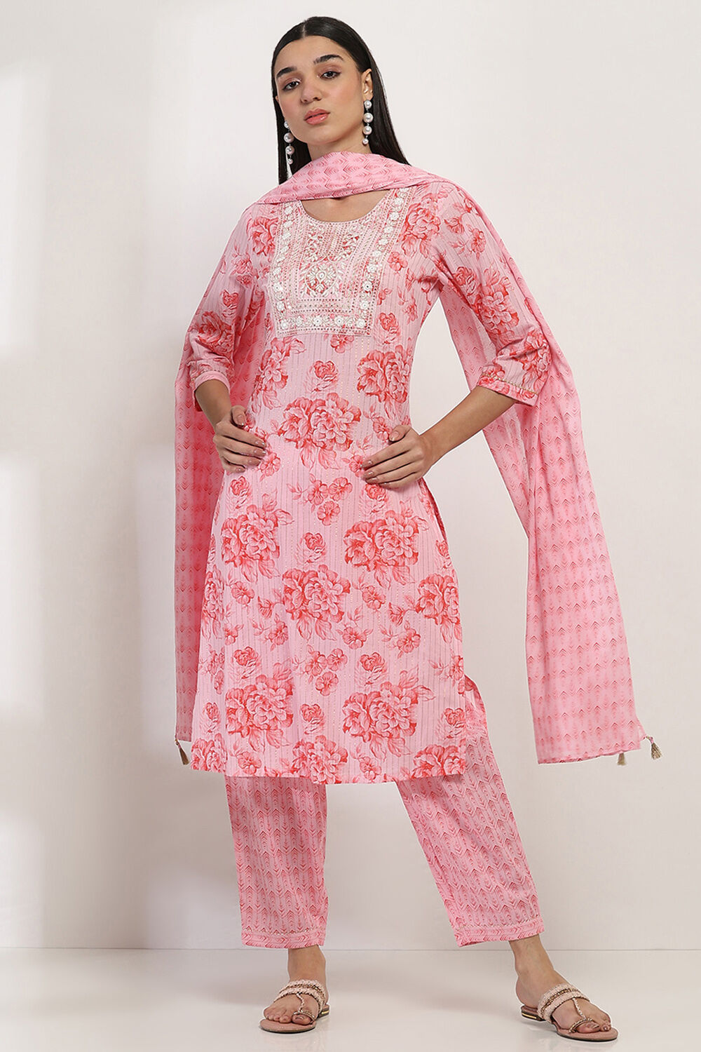 Pink Cotton Printed Straight Suit Set image number 6