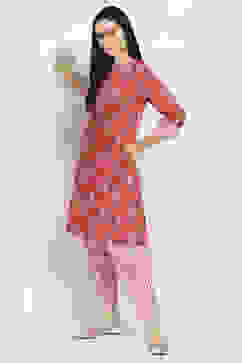 Red Cotton Printed Straight Kurta Set image number 0