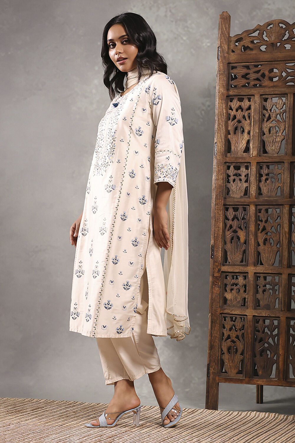 Aqua Viscose Blend Printed Straight Suit Set image number 3