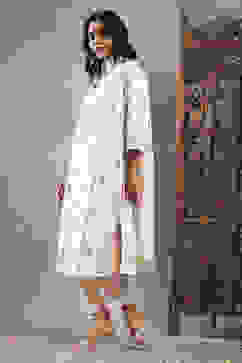 Off White Viscose Blend Printed Straight Suit Set image number 3