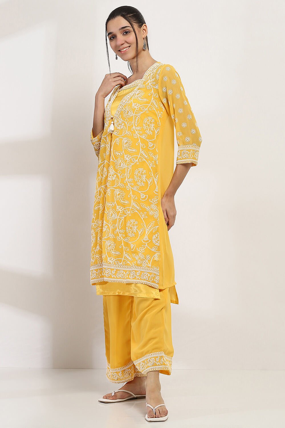 Mustard Yellow Printed Front-Open Kurta image number 2