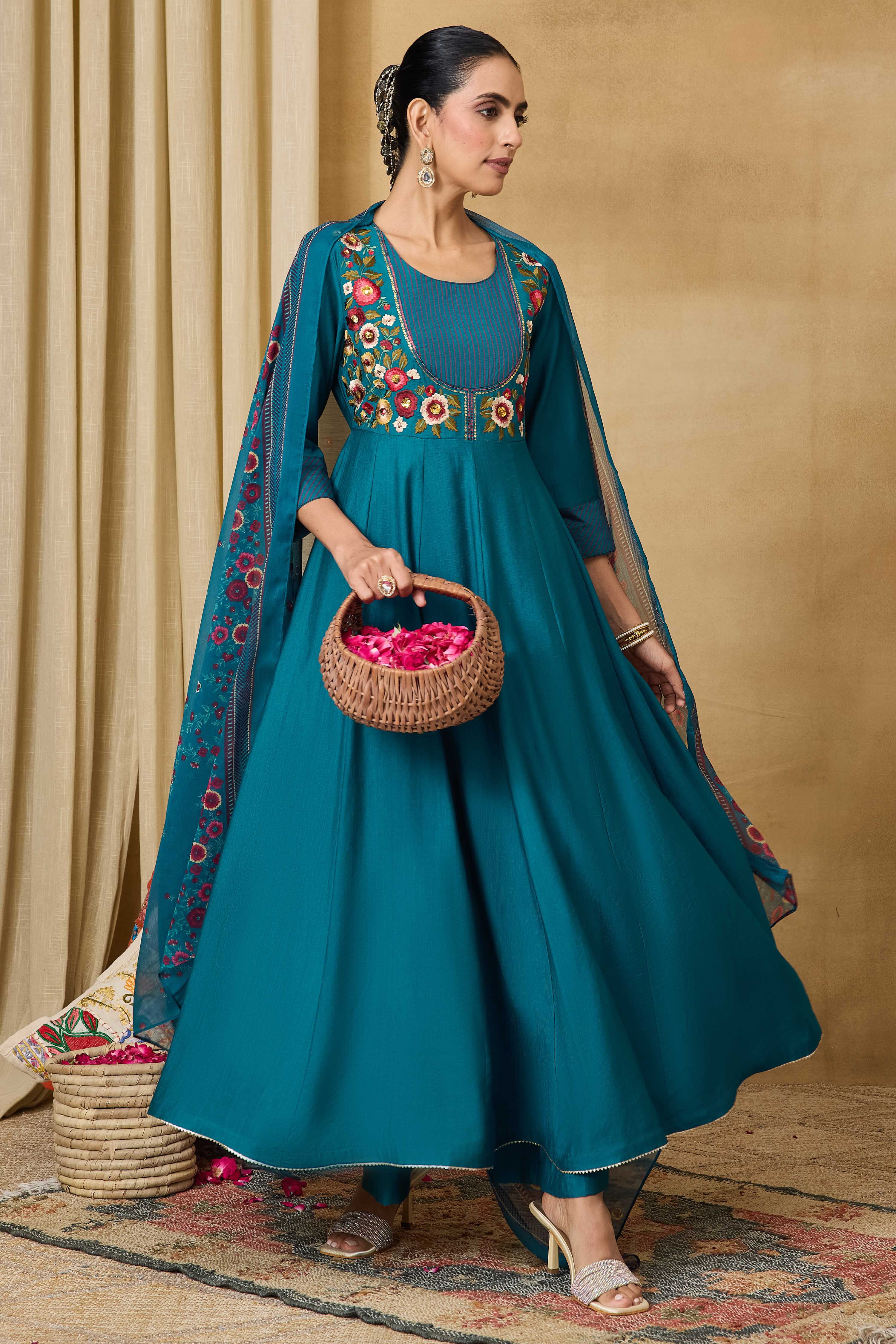 Teal Viscose Blend Kalidar Solid Suit Set image number 0