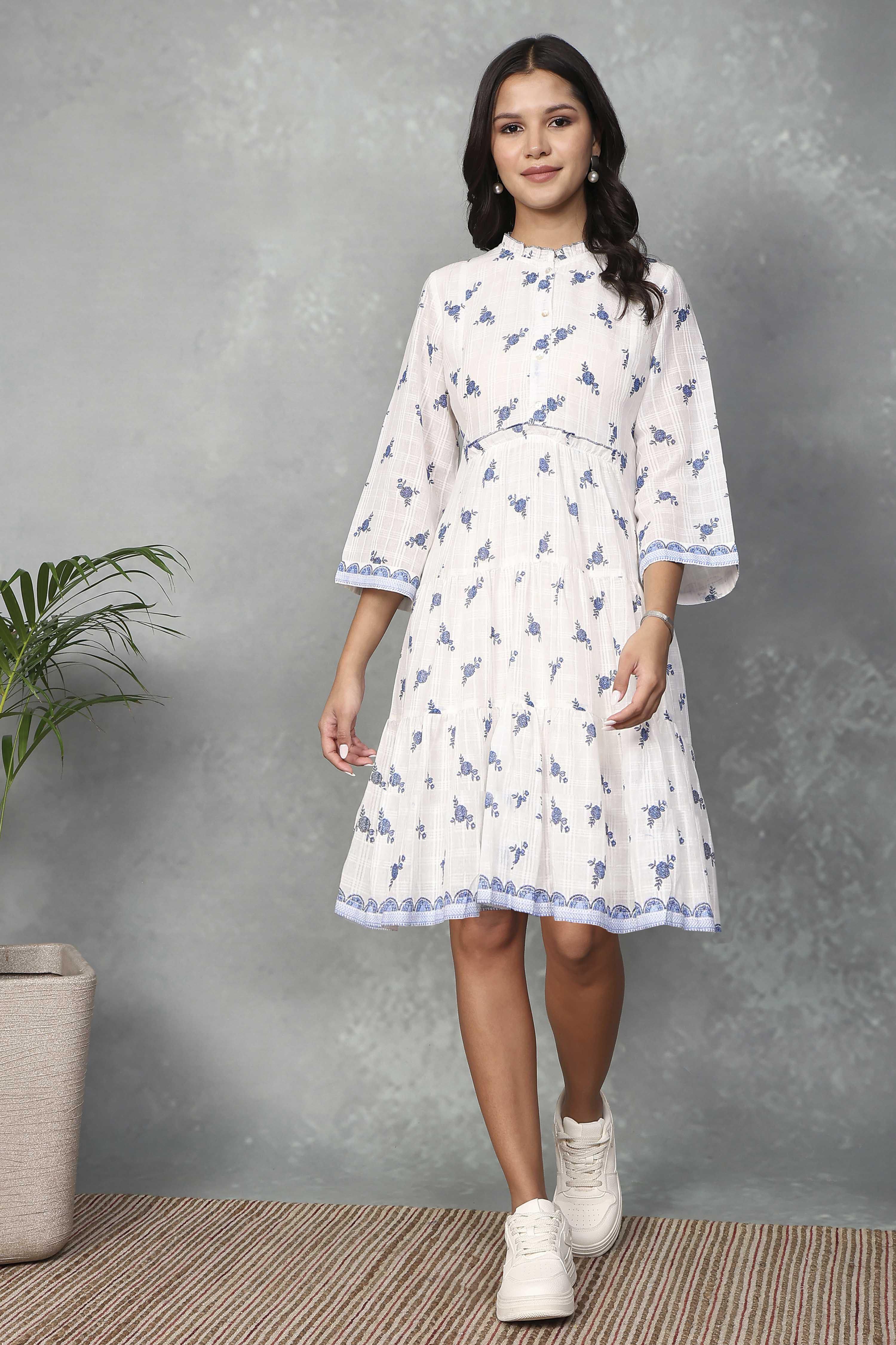 White Cotton Printed Tiered Dress image number 5
