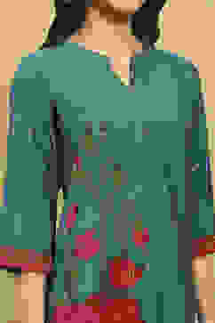 Teal Viscose Blend Printed Straight Kurta Pants Set image number 1