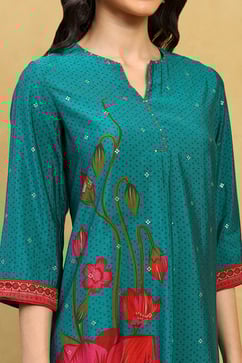 Teal Viscose Blend Printed Straight Kurta Pants Set image number 1