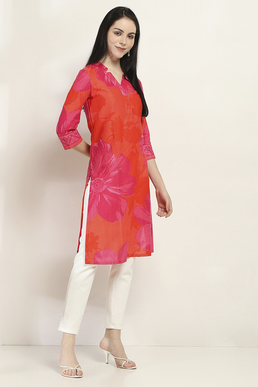 Orange Cotton Floral Straight Kurta image number 4