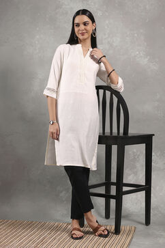 Off White Viscose Blend Solid Straight Kurta image number 2