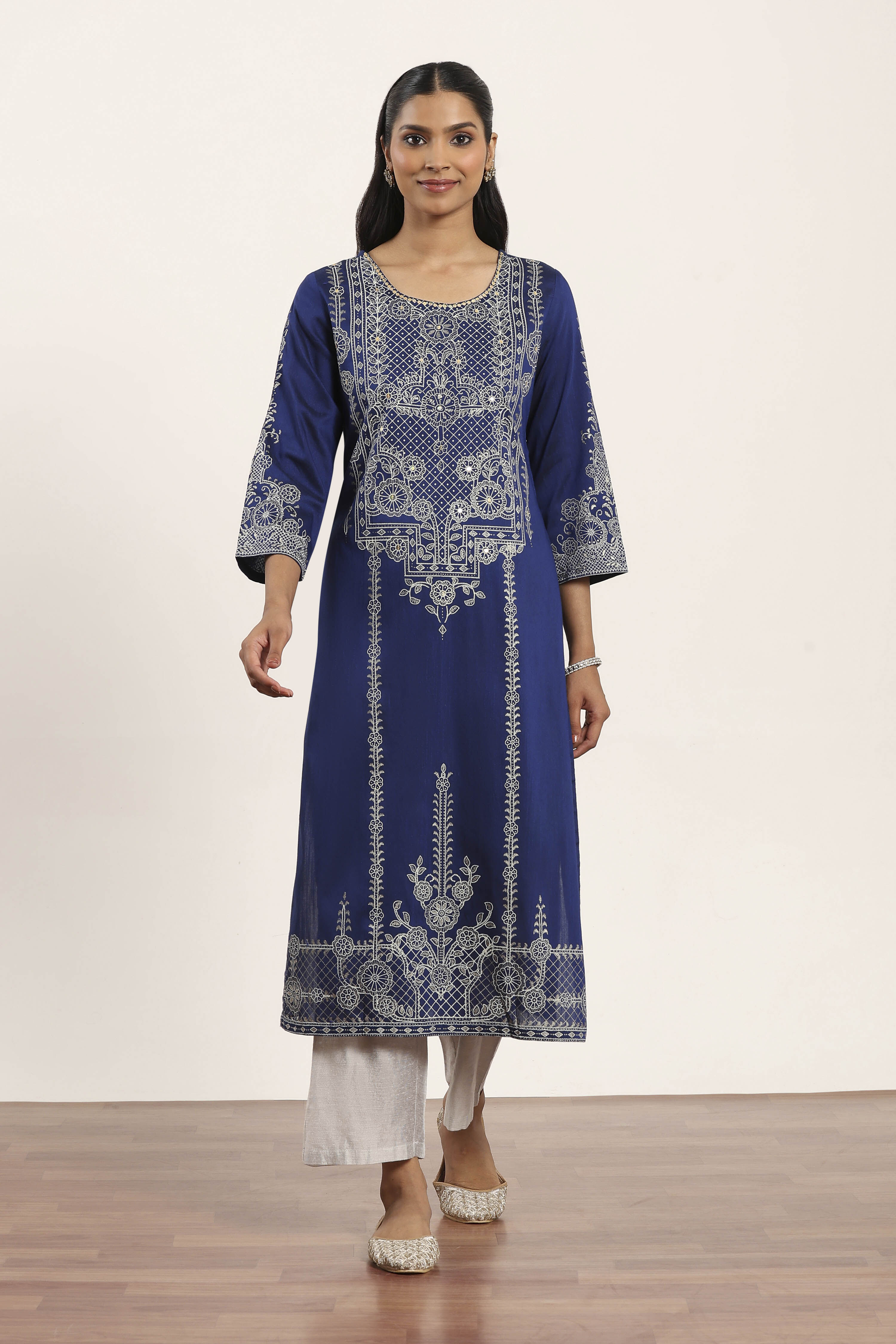 Blue Polyester Straight Kurta Pants Set image number 6