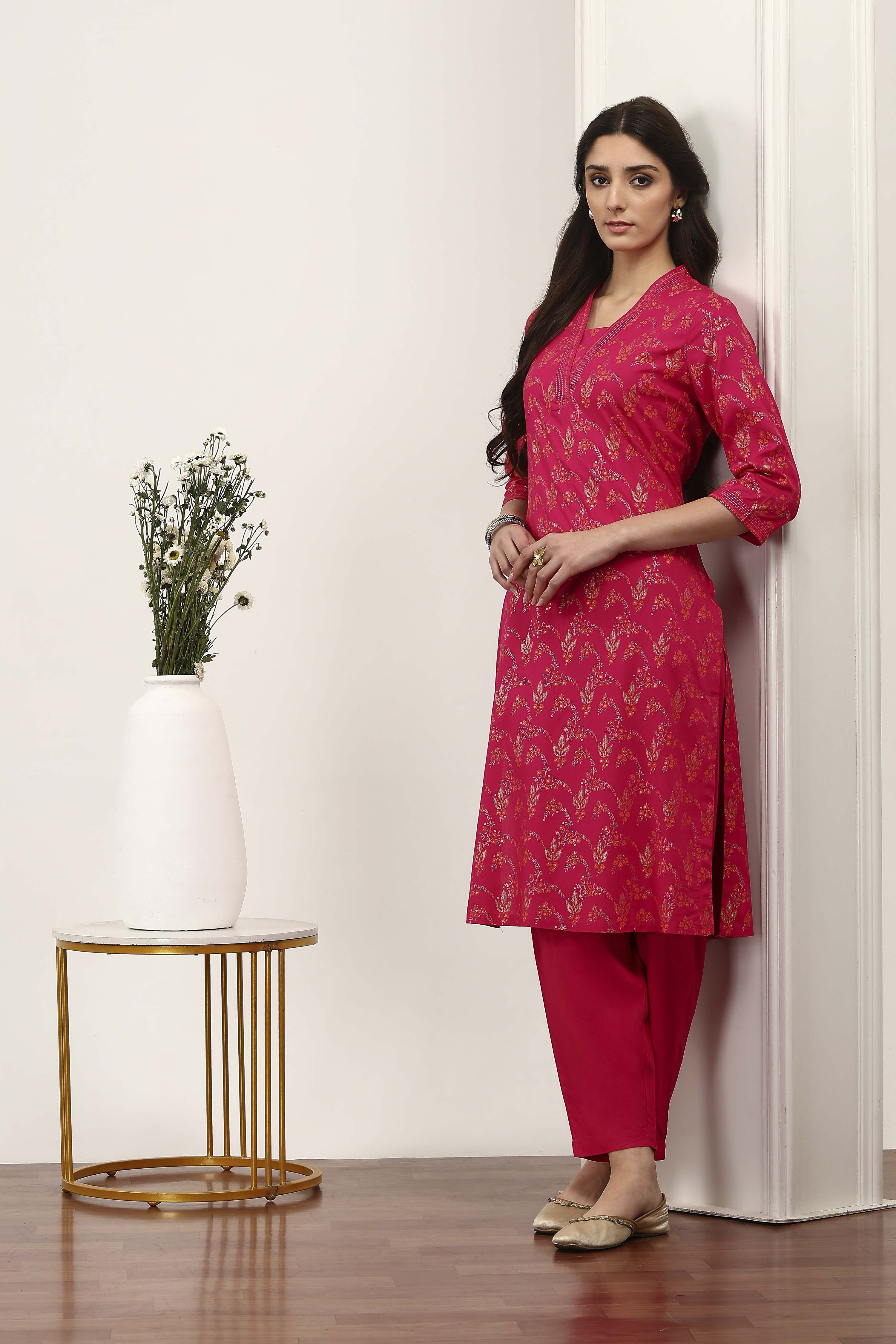 Pink Viscose Rayon Kurta Pants Set image number 0