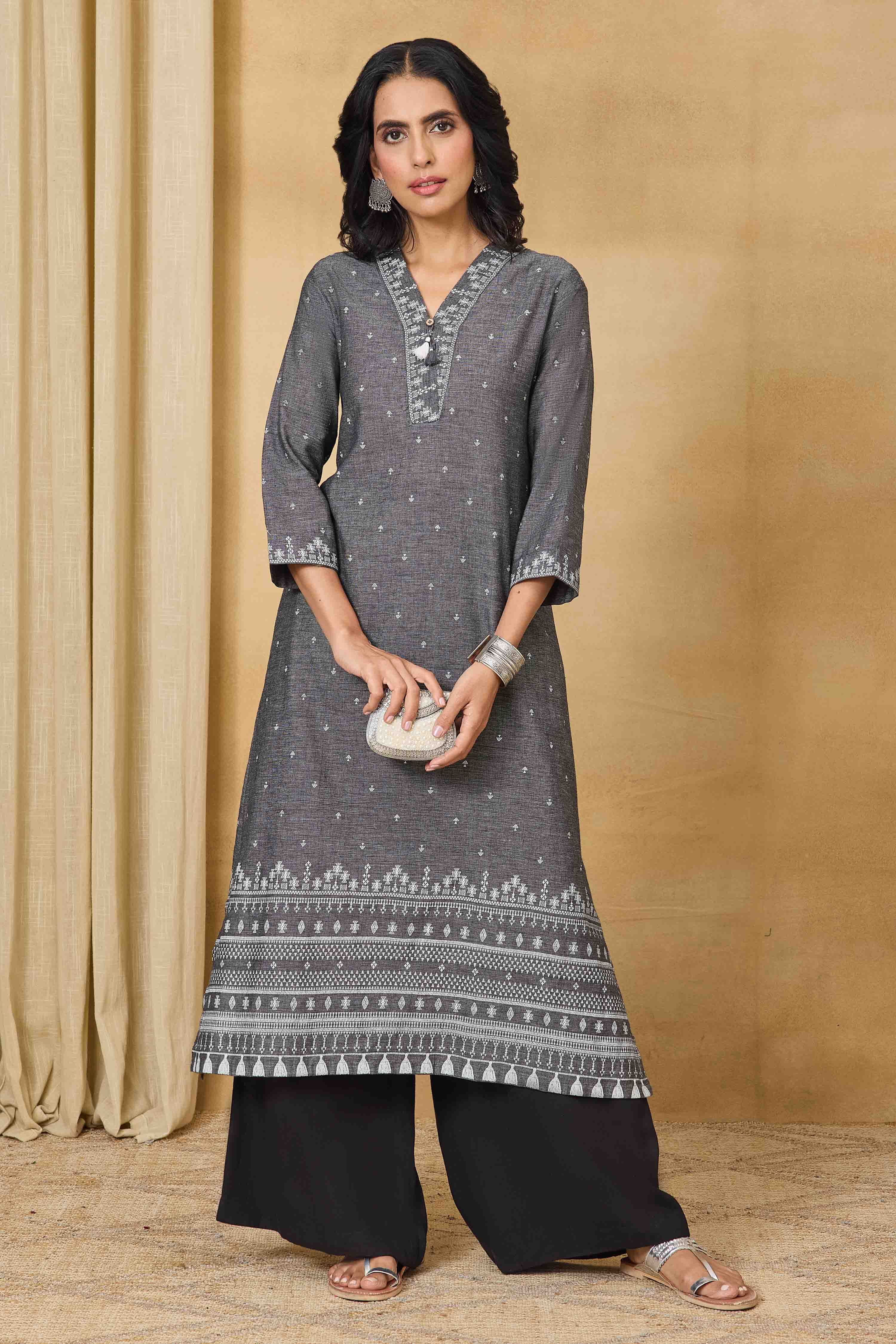 Grey Cotton Straight Printed Kurta image number 0