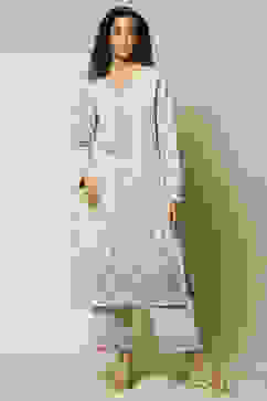 Ecru Jacquard Straight Printed Kurta Palazzo Suit Set image number 6