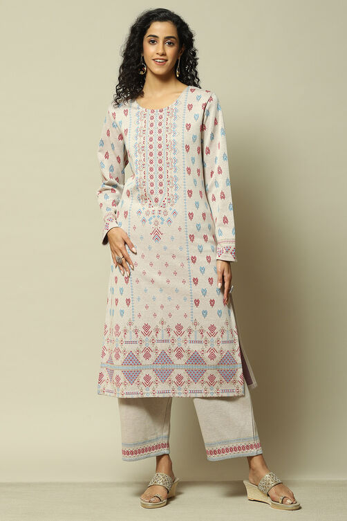 Ecru Jacquard Straight Printed Kurta Palazzo Suit Set image number 6