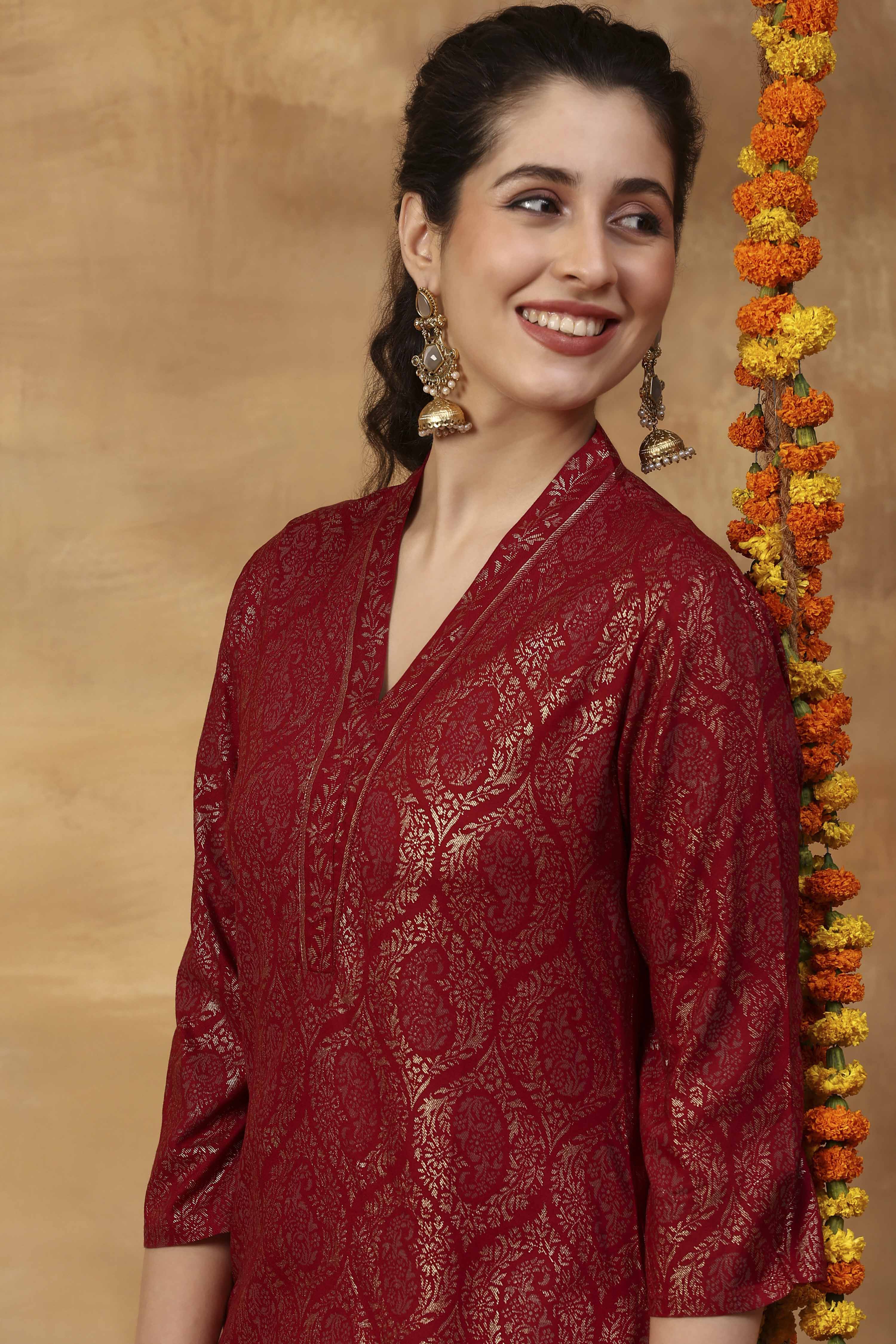 Red Printed Viscose Rayon Straight Kurta image number 1