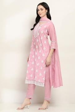 Lilac Cotton Embroidered Straight Suit Set image number 3
