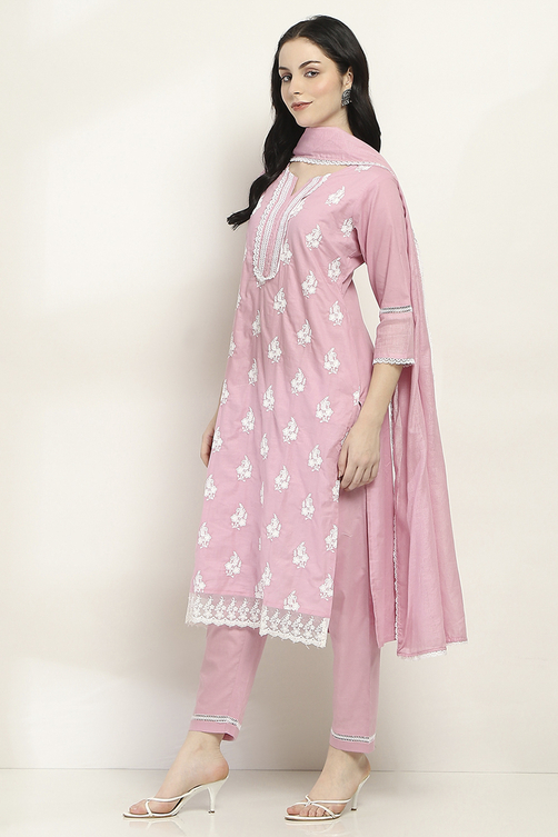 Lilac Cotton Embroidered Straight Suit Set image number 3