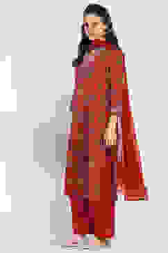 Maroon Cotton Blend Floral Straight Suit Set image number 3