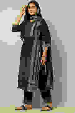 Black Viscose Blend Yarn Dyed Straight Festive Suit Set image number 3