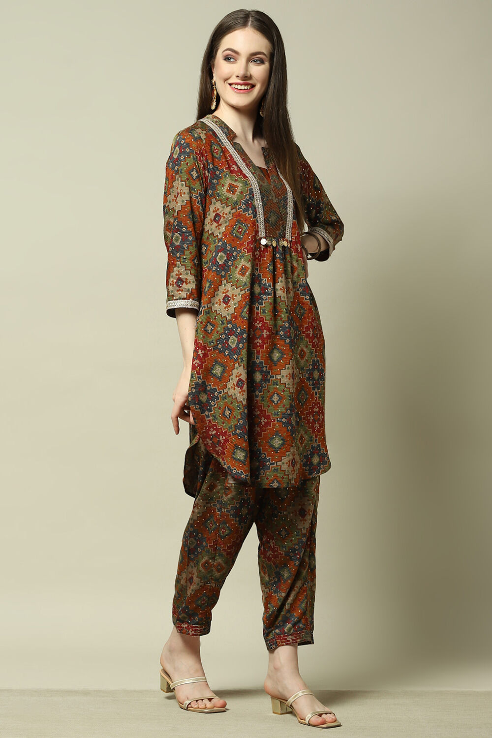 Rust Viscose Blend Printed Straight Co-ord Set image number 5