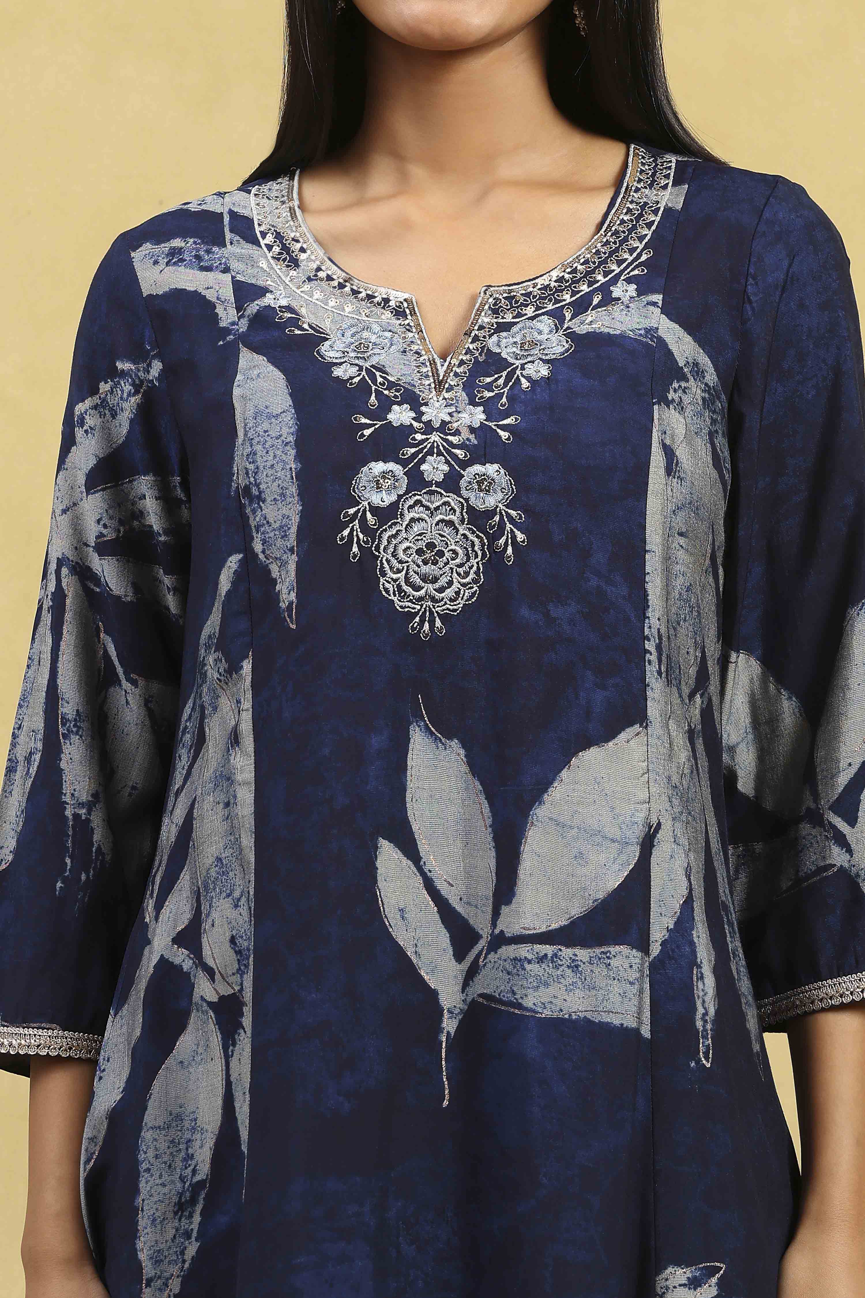 Indigo Blue Viscose Blend Printed Kalidar Kurta Pants Set image number 1