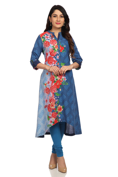 Blue A Line High Low Cotton Kurta image number 0