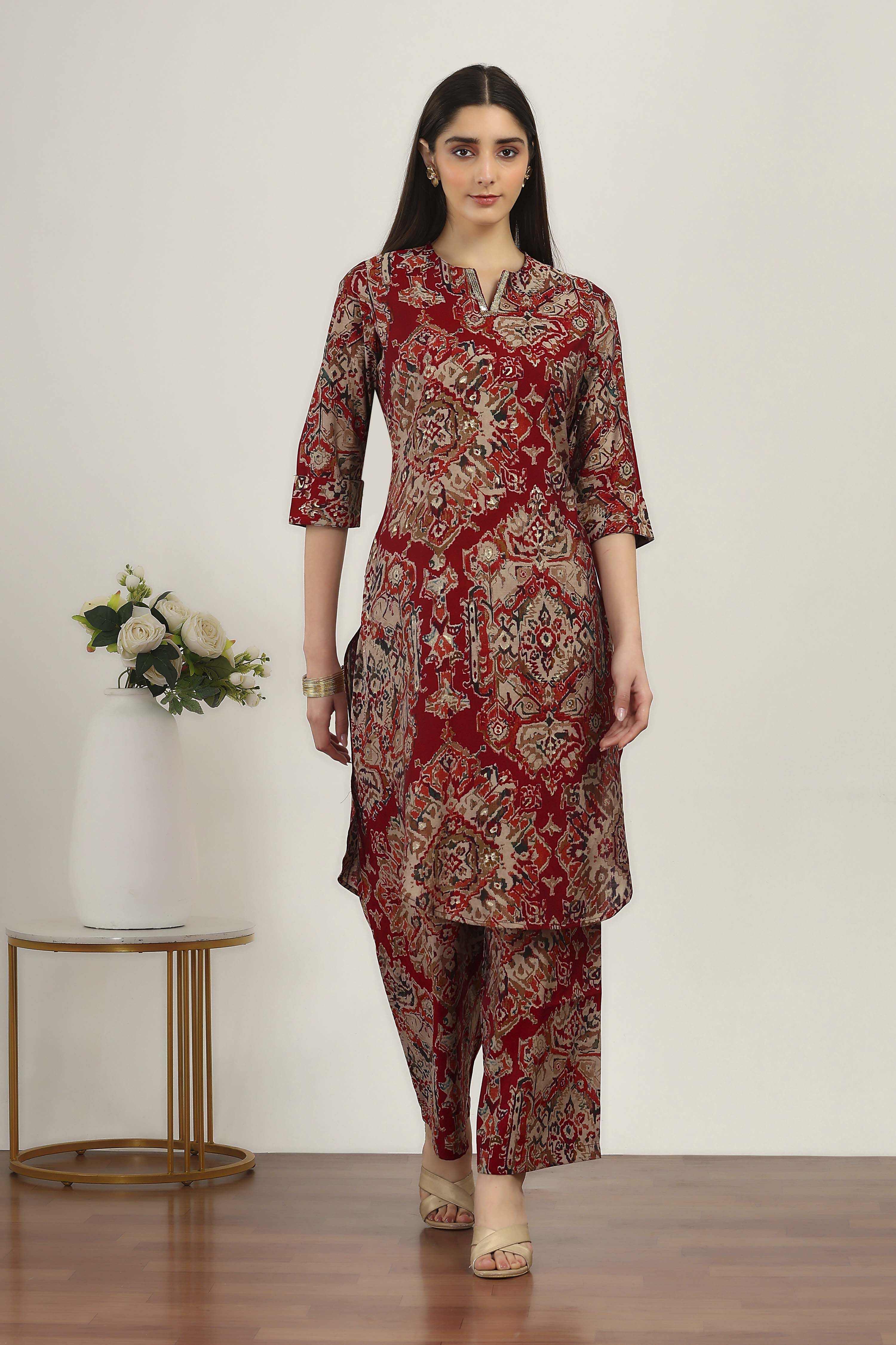 Red Viscose Polyester Viscose Rayon Kurta Pants Set image number 0