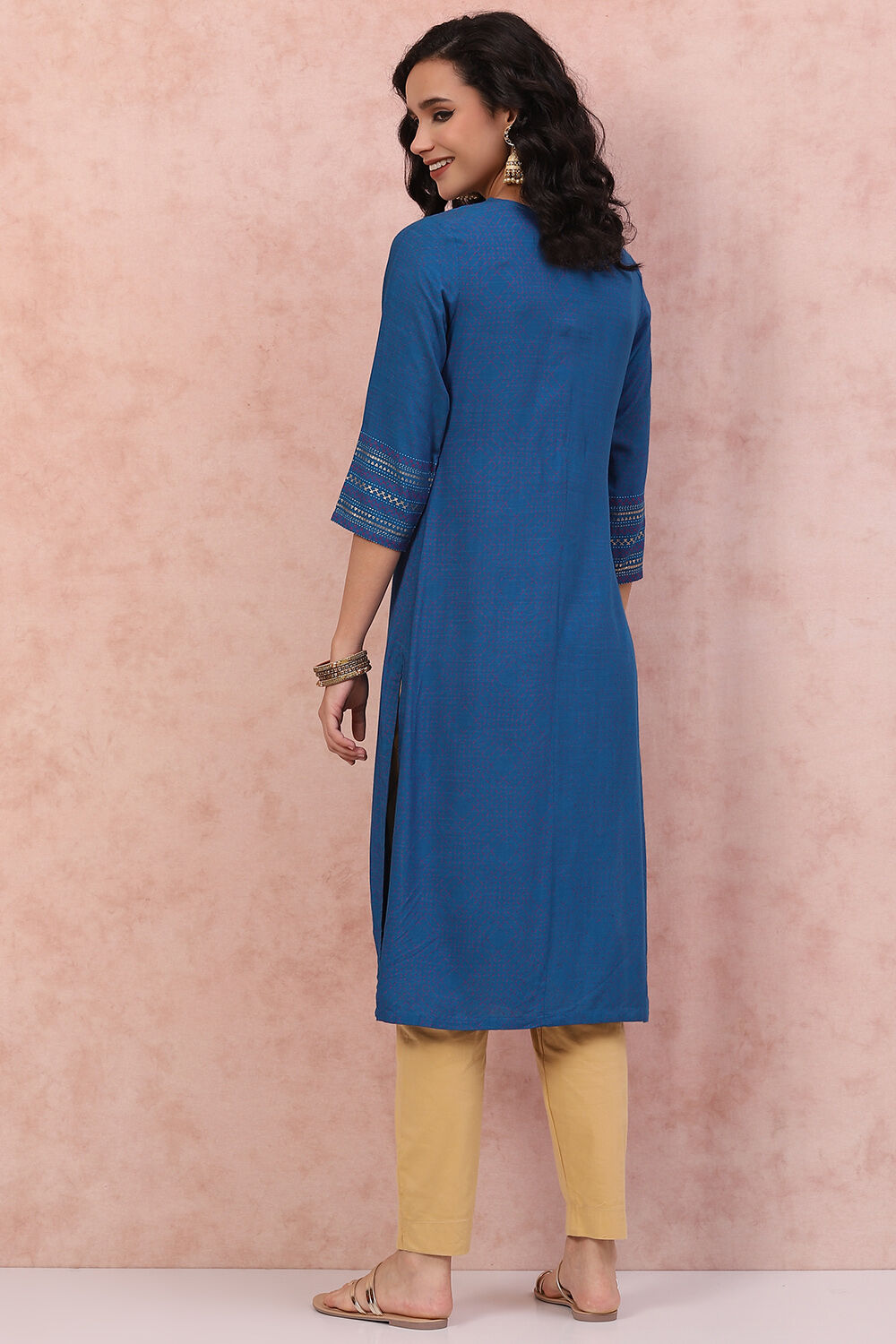 Cobalt Blue LIVA Straight Kurta image number 4