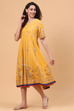 Mustard Art Silk Kalidar Kurta Dress image number 2