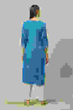 Blue LIVA Straight Printed Kurta image number 3