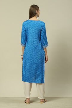 Blue LIVA Straight Printed Kurta image number 3