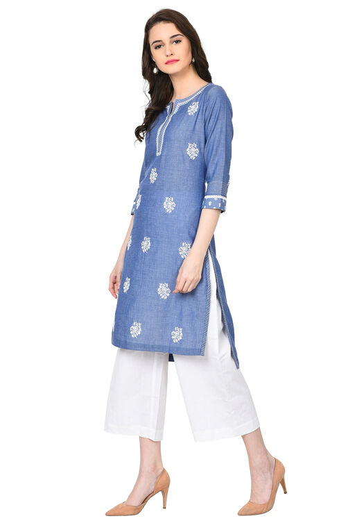 Blue Straight Chambray Kurta image number 3