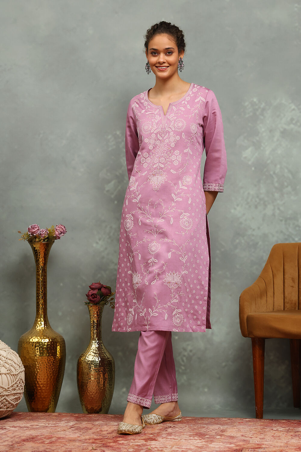 Lavender Viscose Blend Printed Straight Kurta Pants Set image number 0