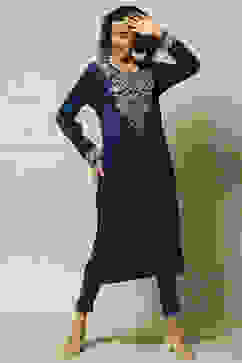 Cobalt Blue Acrylic Straight Solid Kurta image number 0