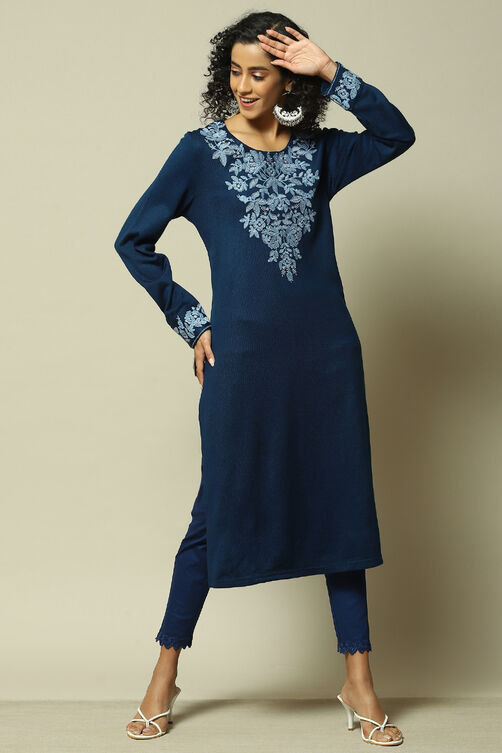 Cobalt Blue Acrylic Straight Solid Kurta image number 0