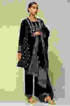 Black Poly Velvet A-Line Printed Kurta Salwar Suit Set image number 5