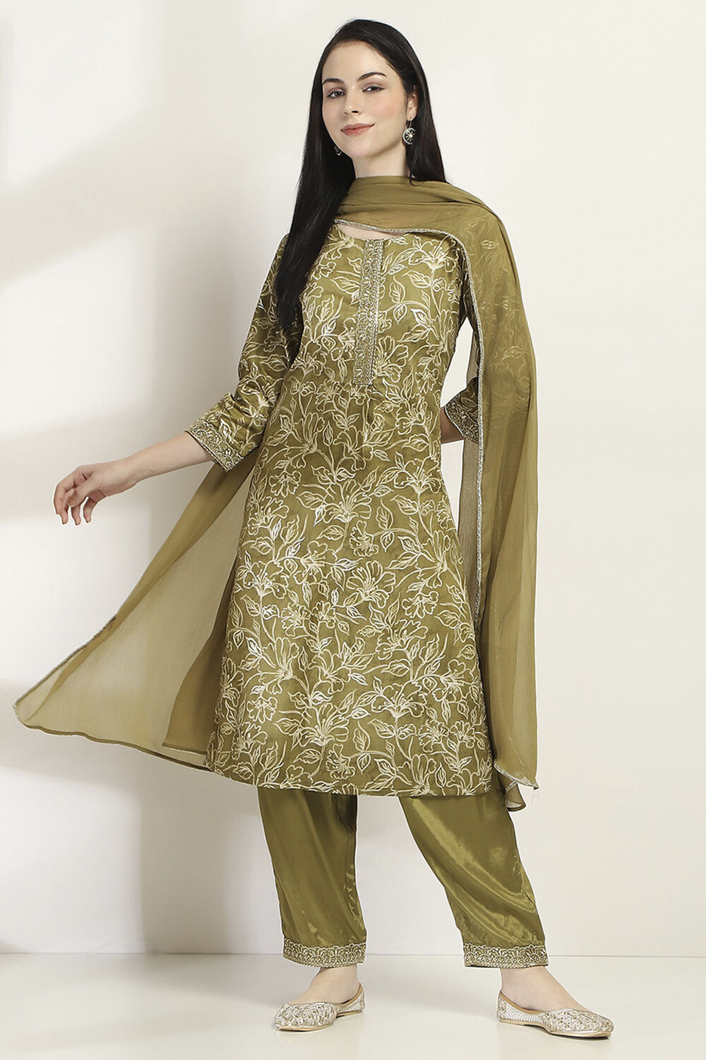 Olive Green Floral Straight Suit Set image number 0