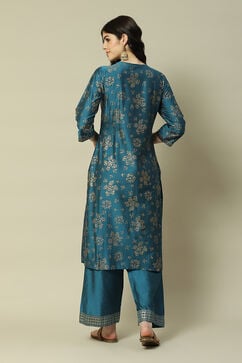 Teal Blue LIVA Straight Printed Suit Set image number 4