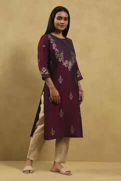 Wine Polyester Blend Printed Straight Kurta image number 4