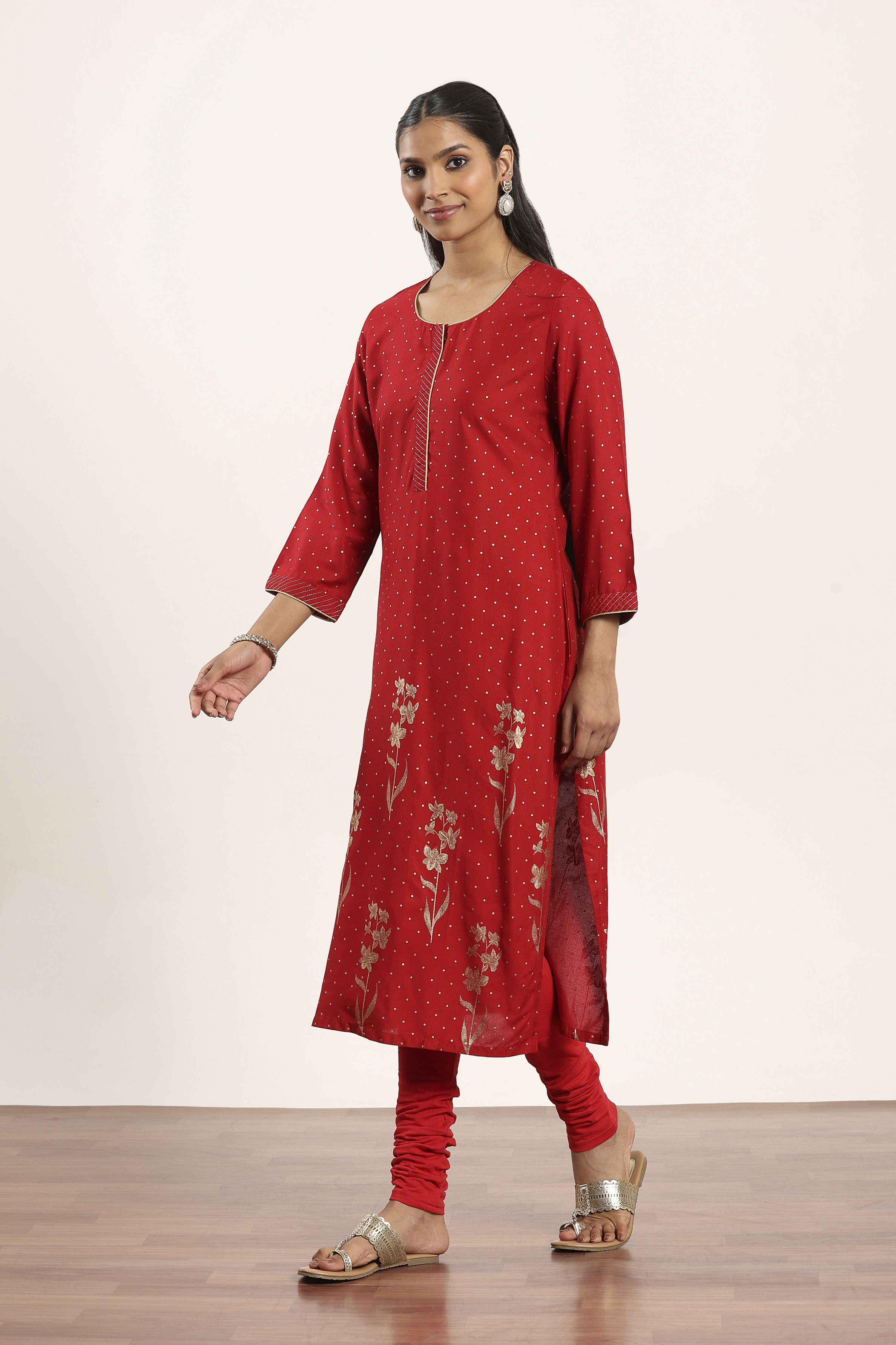 Red Viscose Rayon Straight Kurta Pants Set image number 3