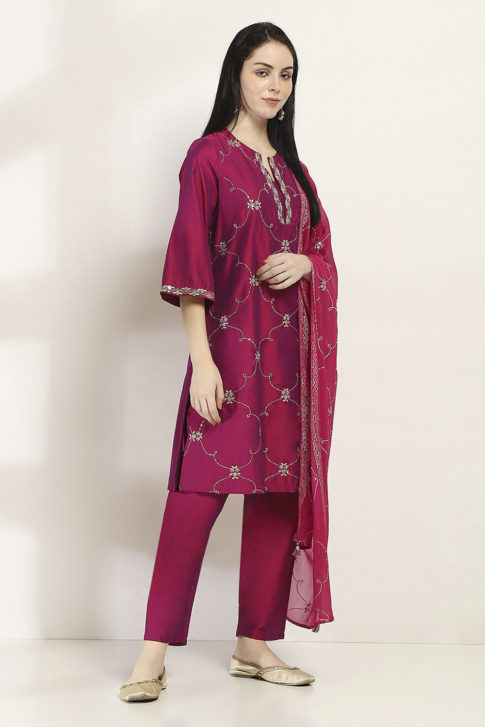 Purple Embroidered Straight Suit Set image number 5