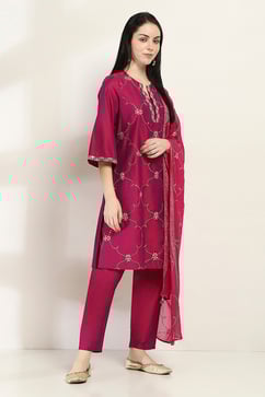 Purple Embroidered Straight Suit Set image number 5