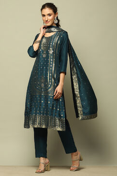 Blue Viscose Blend Straight Yarn Dyed Kurta Palazzo Suit Set image number 0