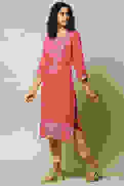 Pink Polyester Straight Printed Kurta image number 2