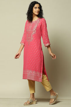 Pink Polyester Straight Printed Kurta image number 2