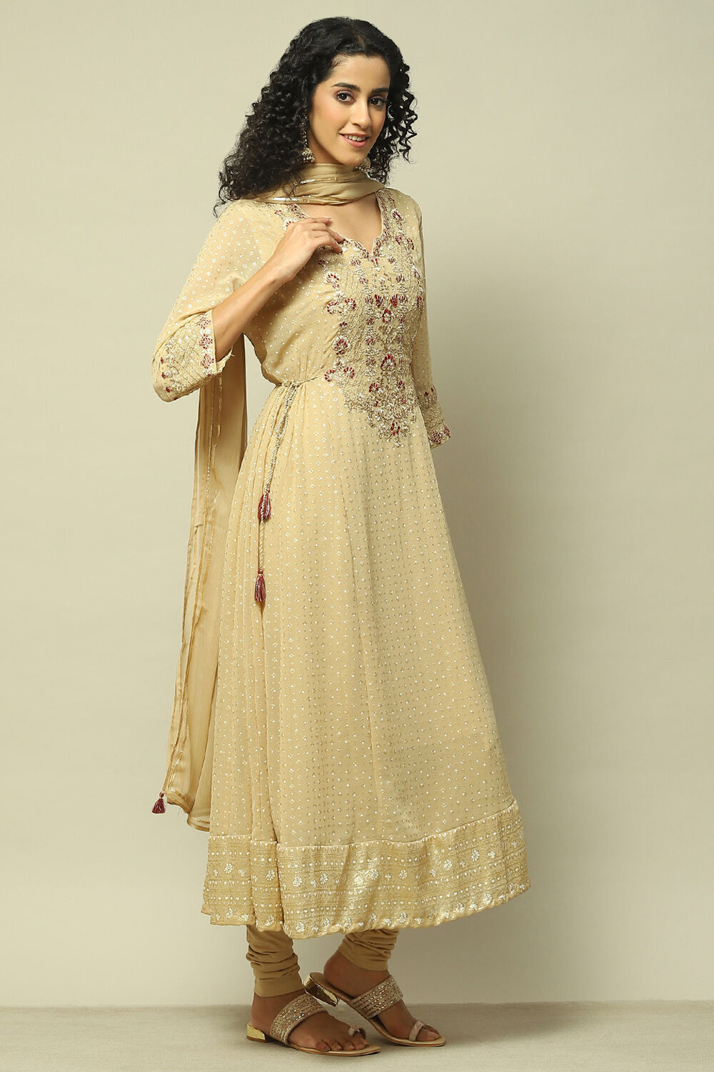 Ecru Polyester Kalidar Printed Kurta Legging Suit Set image number 6