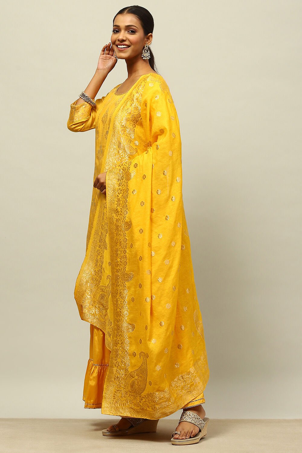 Mustard Yellow Viscose Blend Straight Yarn Dyed Kurta Sharara Suit Set image number 3