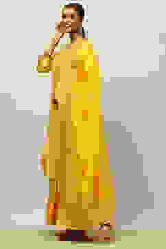 Mustard Yellow Viscose Blend Straight Yarn Dyed Kurta Sharara Suit Set image number 3