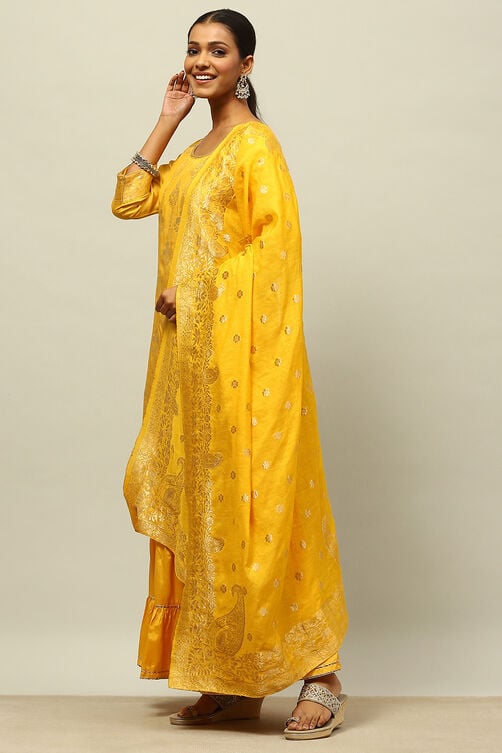 Mustard Yellow Viscose Blend Straight Yarn Dyed Kurta Sharara Suit Set image number 3